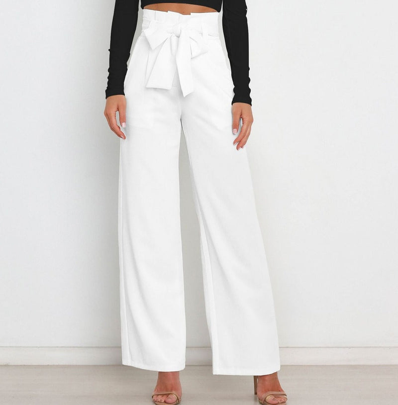Pantalon à jambe large pour femmes, avec un nœud élégant et une taille haute - parfait pour un look de bureau décontracté et branché.