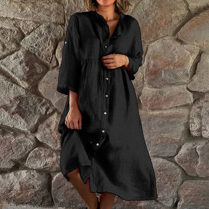 Robe midi décontractée pour femmes à boutons - Manches longues et silhouette fluide élégante