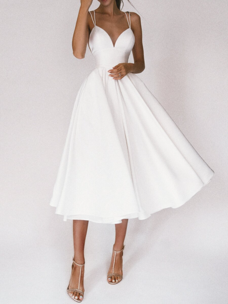 Robe de soirée féminine - Encolure en V plongeante - Silhouette en A - Élégant midi longueur