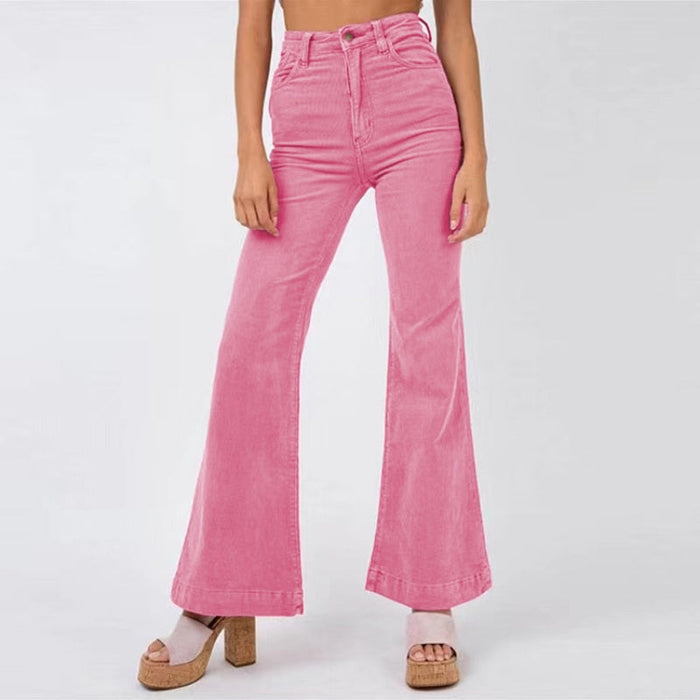 Élégant pantalon évasé en tissu pour femmes, avec taille haute et poches pratiques