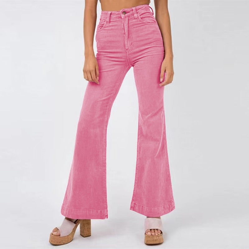 Élégant pantalon évasé en tissu pour femmes, avec taille haute et poches pratiques