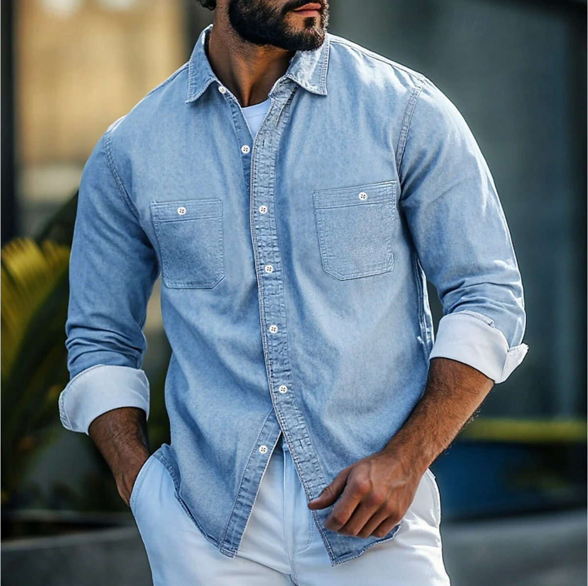 Chemise en Jean pour Hommes - Coupe Classique - Manches Longues - Boutonnée avec Poches à la Poitrine