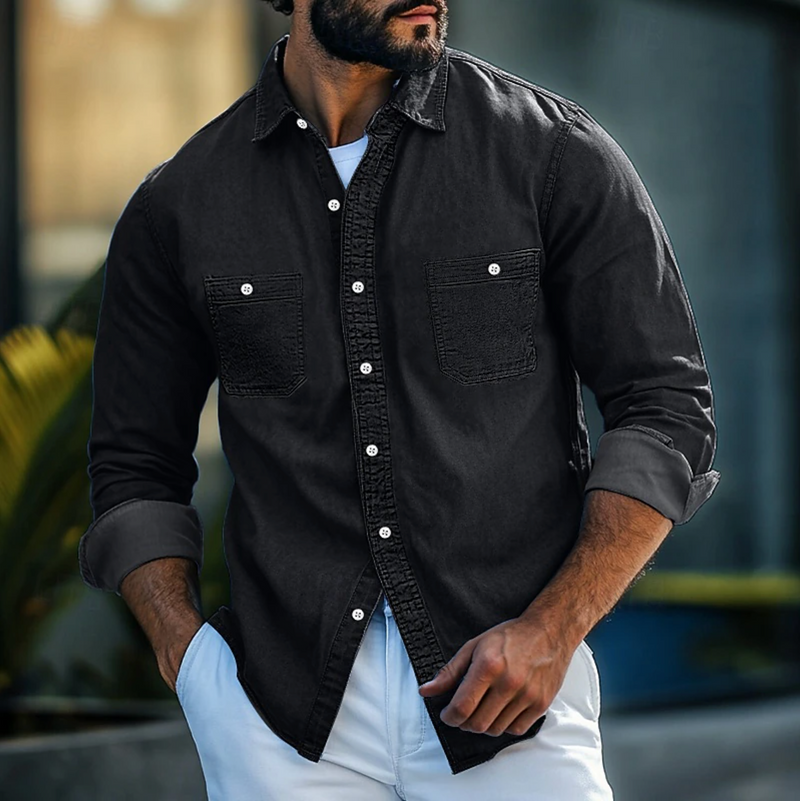 Chemise en Jean pour Hommes - Coupe Classique - Manches Longues - Boutonnée avec Poches à la Poitrine