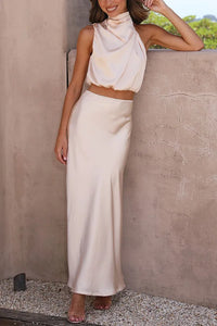 Élégant ensemble 2 pièces en satin pour femmes - Top chic et jupe longue pour un look élégant