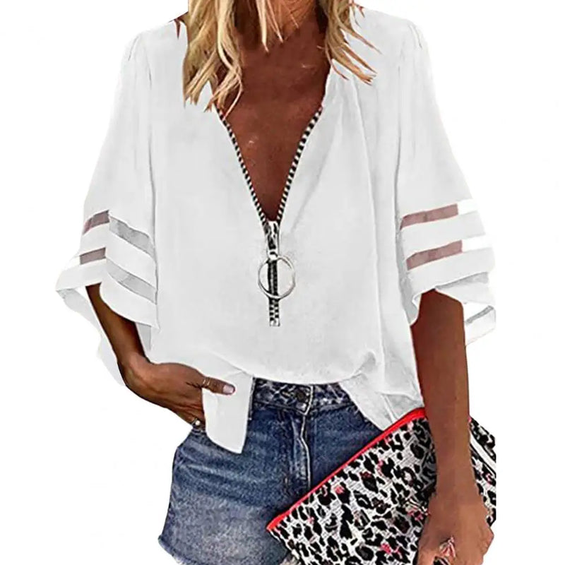 Chemisier en mousseline pour femmes - top élégant et tendance avec fermeture éclair stylisée