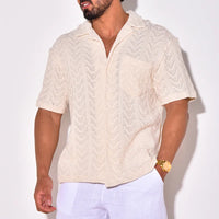 Chemise en tricot élégante à texture jacquard pour hommes - Col décontracté à manches courtes