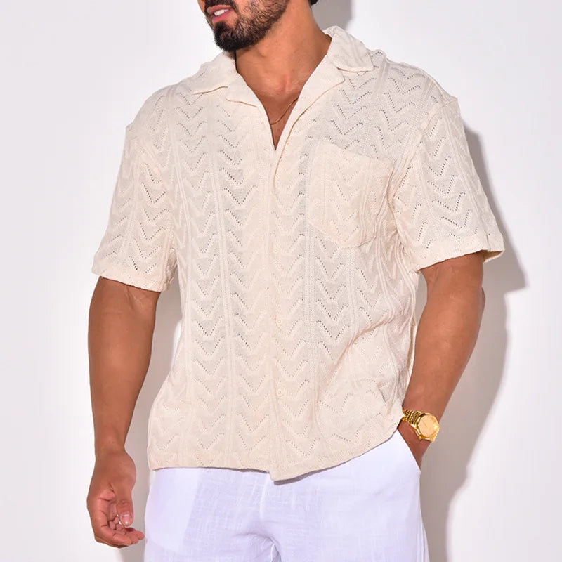 Chemise en tricot élégante à texture jacquard pour hommes - Col décontracté à manches courtes