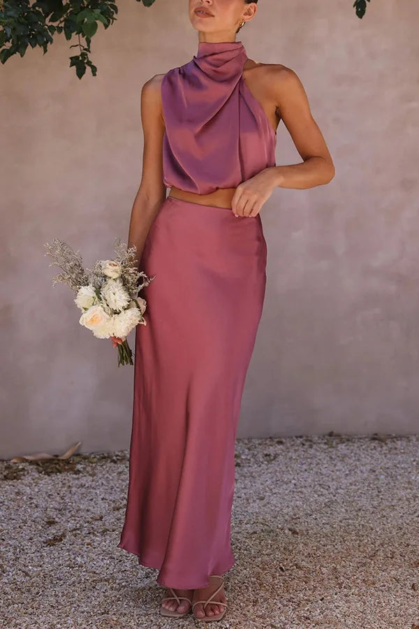 Élégant ensemble 2 pièces en satin pour femmes - Top chic et jupe longue pour un look élégant