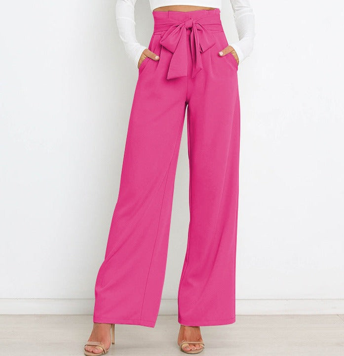 Pantalon à jambe large pour femmes, avec un nœud élégant et une taille haute - parfait pour un look de bureau décontracté et branché.
