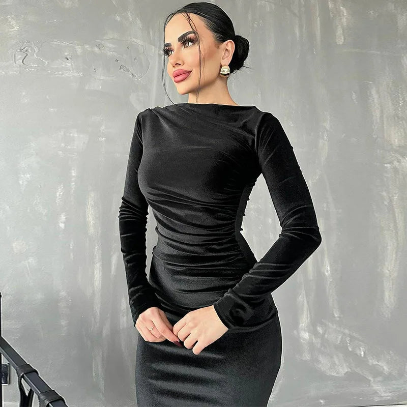Robe bodycon chic à manches longues pour femmes - longueur mi-longue extensible avec détails froncés pour un look élégant