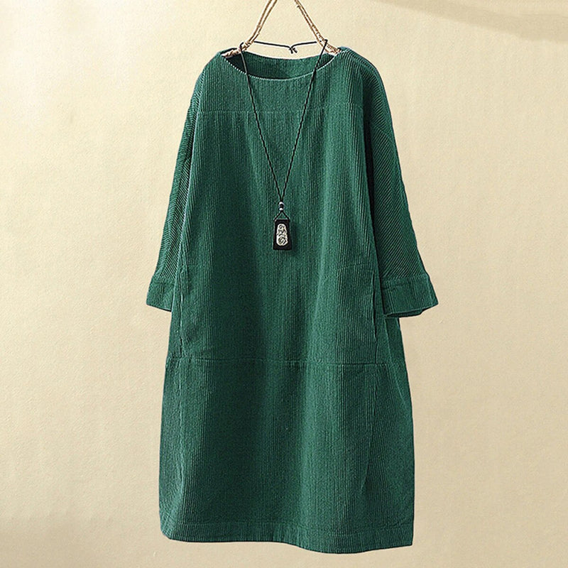 Robe en velours côtelé pour femme - Coupe décontractée - Longueur genou - Manches 3/4 - Style minimaliste élégante