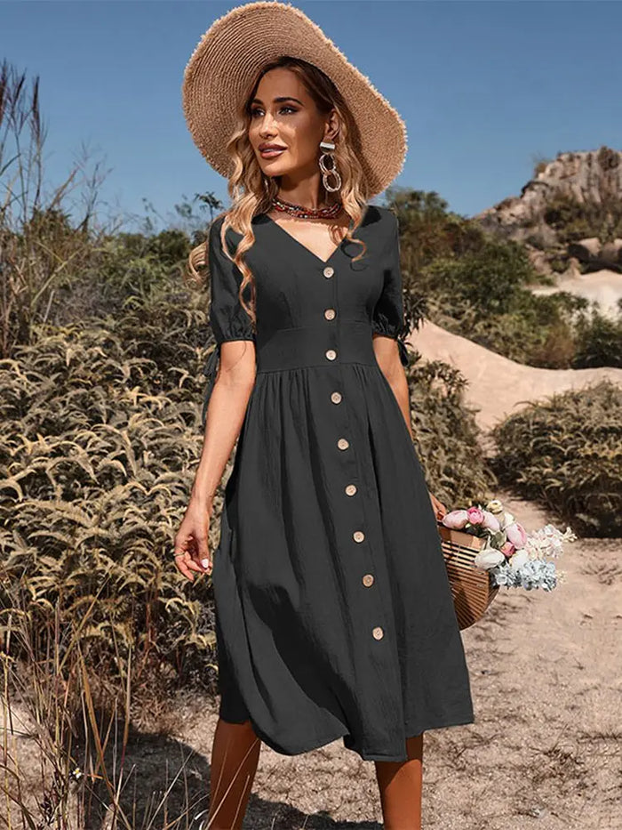 Robe élégante en coton à col en V pour le printemps/été - Confort et style avec Annelies