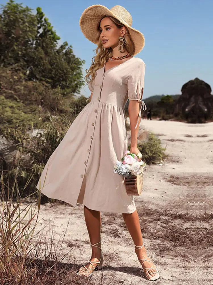Robe élégante en coton à col en V pour le printemps/été - Confort et style avec Annelies