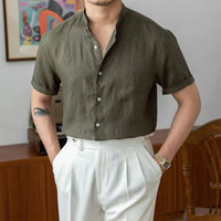 Chemise en lin pour hommes - Coupe décontractée - Col mandarin - Manche longue à boutons - Style casual élégante