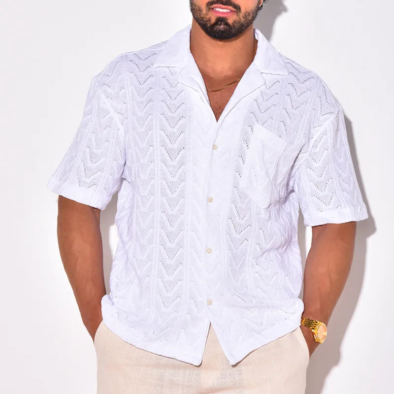 Chemise en tricot élégante à texture jacquard pour hommes - Col décontracté à manches courtes