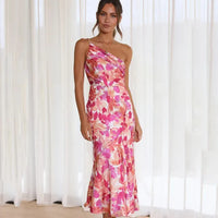 Élégante robe rose fleurie à épaules découvertes Noemi pour un look féminin et élégant