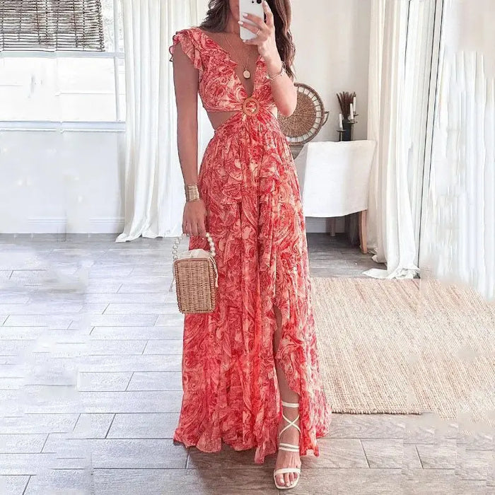 Robe Décolleté V à fleurs imprimée - Élégance séduisante et style tendance
