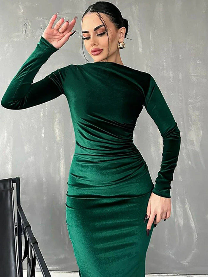 Robe bodycon chic à manches longues pour femmes - longueur mi-longue extensible avec détails froncés pour un look élégant
