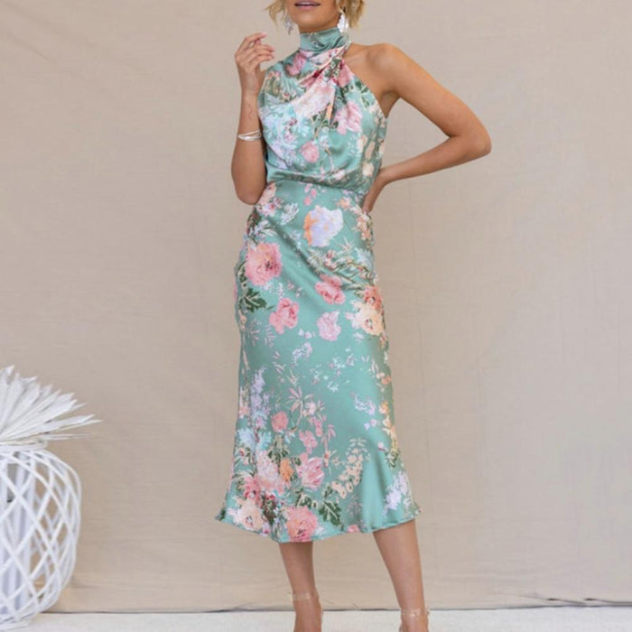 Robe Midi élégante sans manches à col halter pour femmes avec imprimé floral sophistiqué