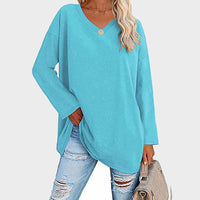 Chemisier tunique à manches longues et col en V, confortable et décontracté, pour femmes - parfait pour un look quotidien décontracté dans un tissu doux