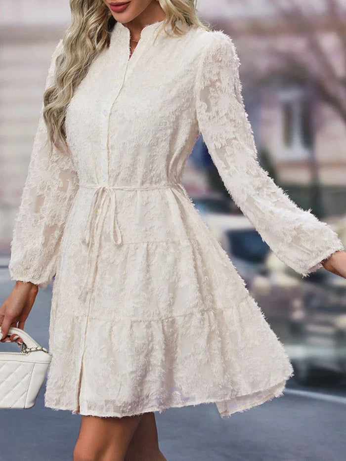 Robe Fille Femme Élégante en Dentelle avec Volants,A-Line à Plusieurs Niveaux,Boutonnage,Manches Longues,Ceinture Ajustable