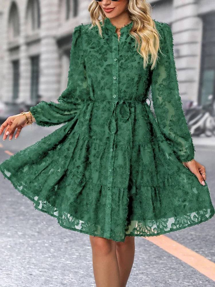 Robe Fille Femme Élégante en Dentelle avec Volants,A-Line à Plusieurs Niveaux,Boutonnage,Manches Longues,Ceinture Ajustable