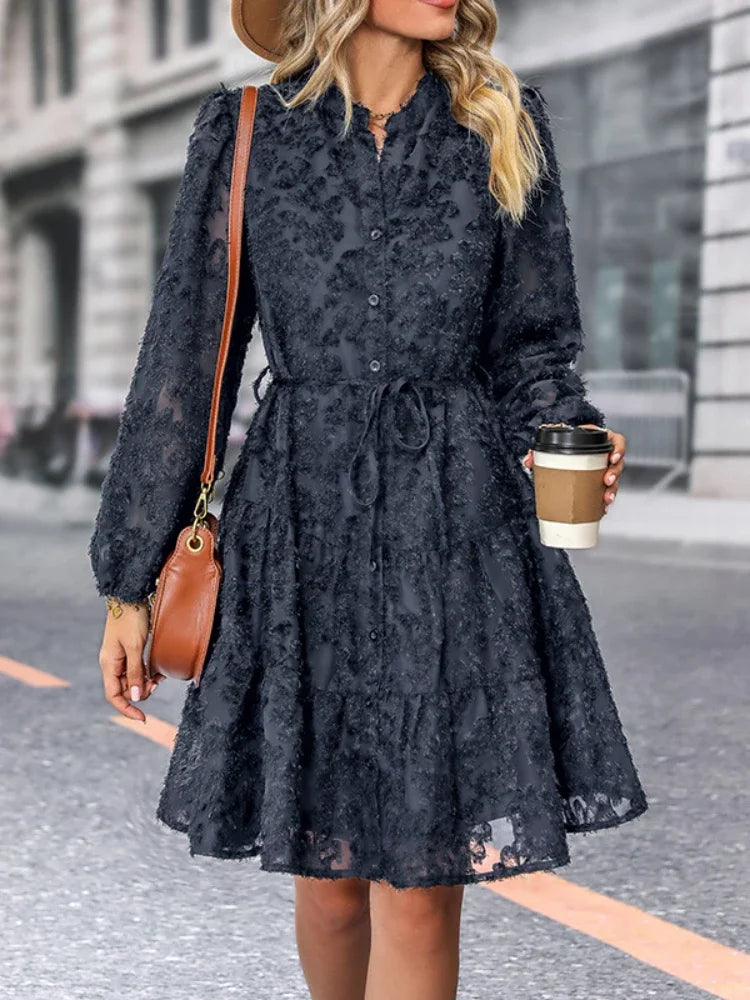 Robe Fille Femme Élégante en Dentelle avec Volants,A-Line à Plusieurs Niveaux,Boutonnage,Manches Longues,Ceinture Ajustable