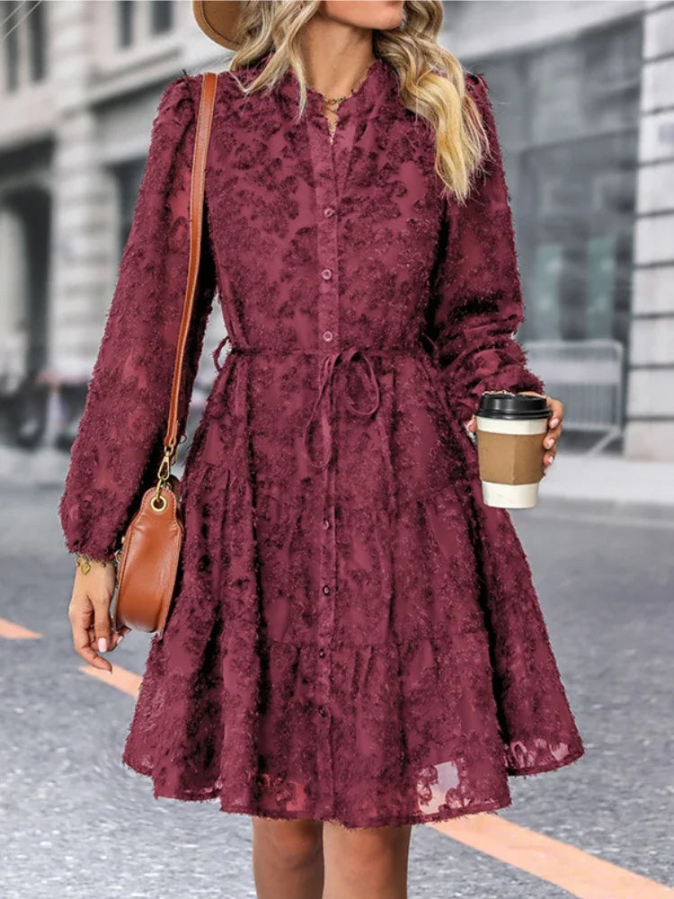 Robe Fille Femme Élégante en Dentelle avec Volants,A-Line à Plusieurs Niveaux,Boutonnage,Manches Longues,Ceinture Ajustable