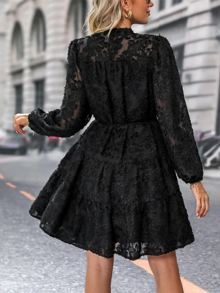 Robe Fille Femme Élégante en Dentelle avec Volants,A-Line à Plusieurs Niveaux,Boutonnage,Manches Longues,Ceinture Ajustable