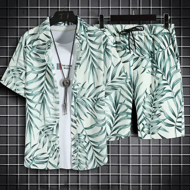 Ensemble décontracté pour hommes avec motif tropical à boutons, parfait pour un style décontracté et tendance