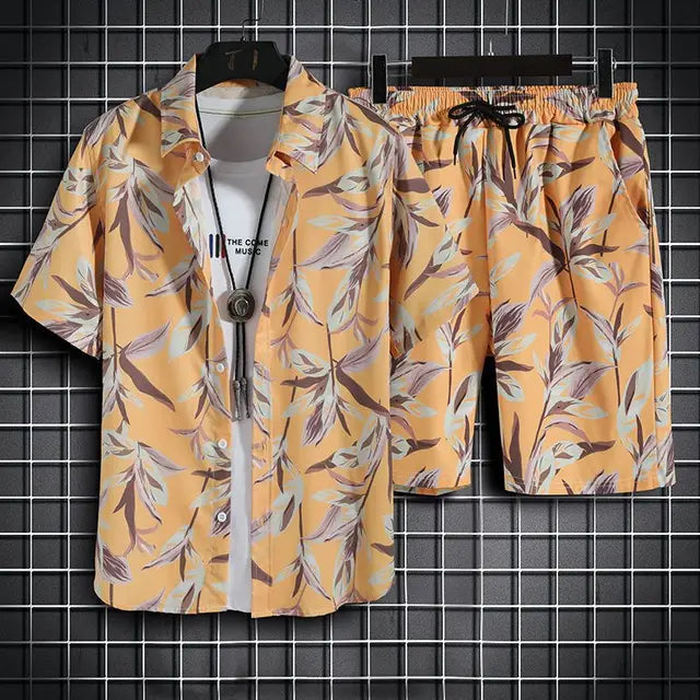 Ensemble décontracté pour hommes avec motif tropical à boutons, parfait pour un style décontracté et tendance