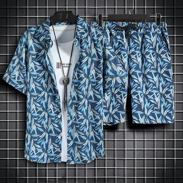 Ensemble décontracté pour hommes avec motif tropical à boutons, parfait pour un style décontracté et tendance