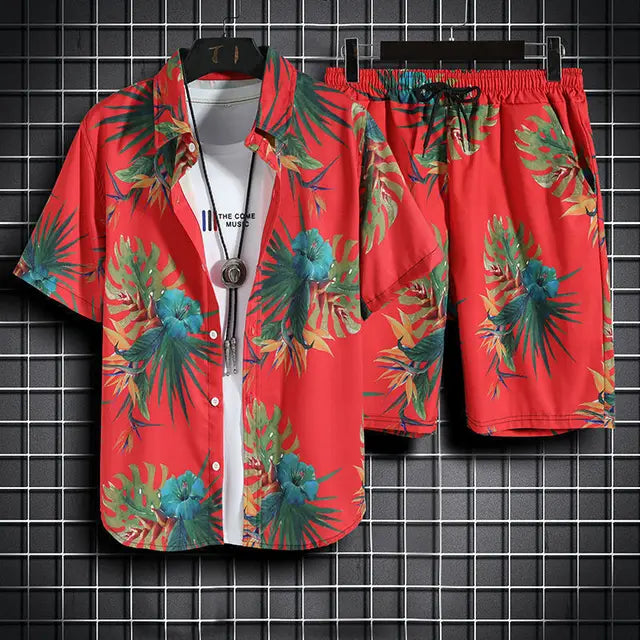 Ensemble décontracté pour hommes avec motif tropical à boutons, parfait pour un style décontracté et tendance