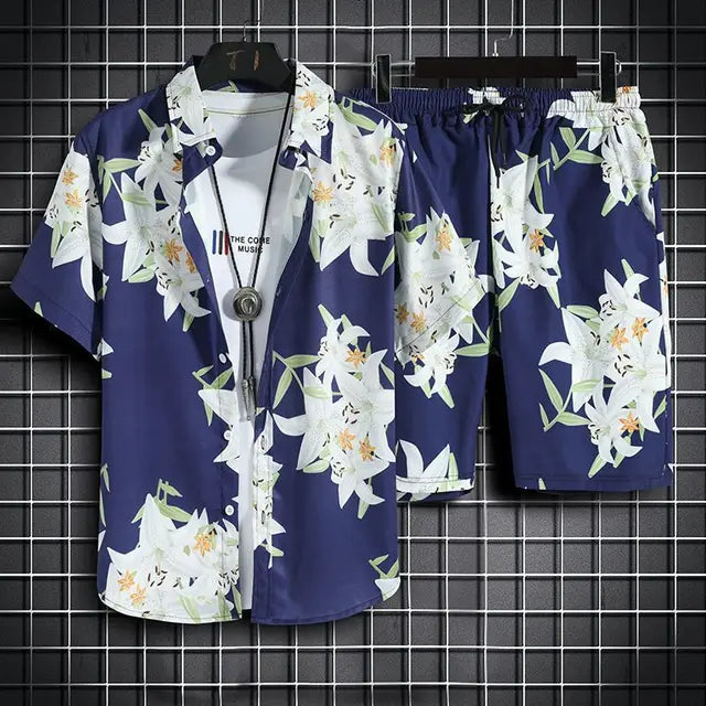Ensemble décontracté pour hommes avec motif tropical à boutons, parfait pour un style décontracté et tendance