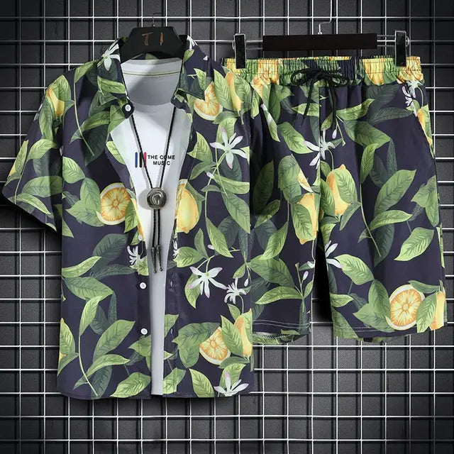 Ensemble décontracté pour hommes avec motif tropical à boutons, parfait pour un style décontracté et tendance