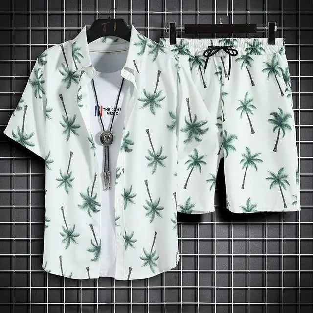 Ensemble décontracté pour hommes avec motif tropical à boutons, parfait pour un style décontracté et tendance