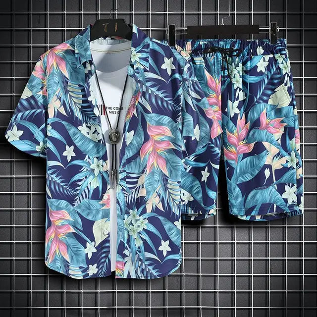 Ensemble décontracté pour hommes avec motif tropical à boutons, parfait pour un style décontracté et tendance