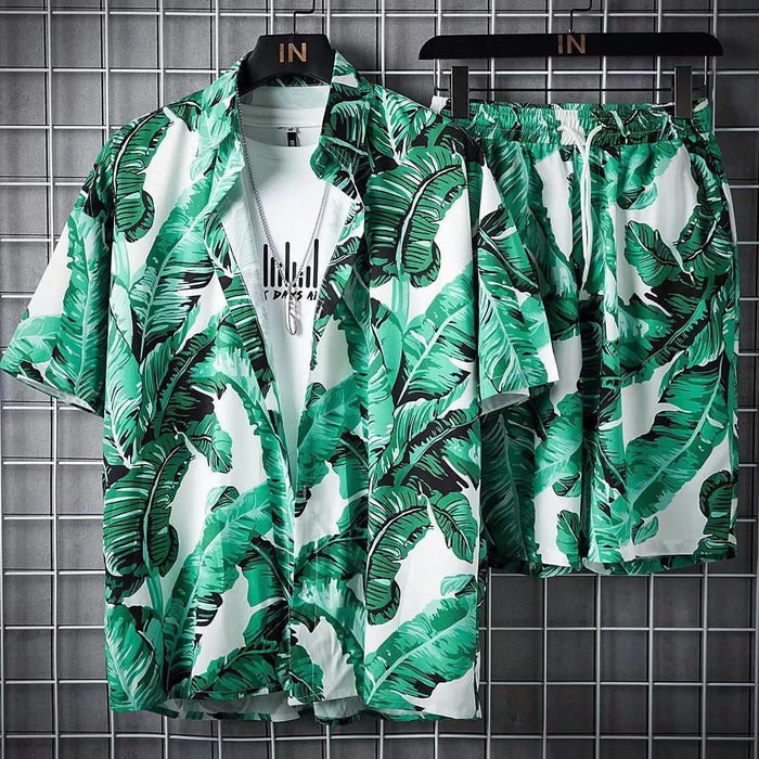 Ensemble décontracté pour hommes avec motif tropical à boutons, parfait pour un style décontracté et tendance