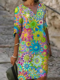 Robe élégante à col en V et imprimé floral stylisé