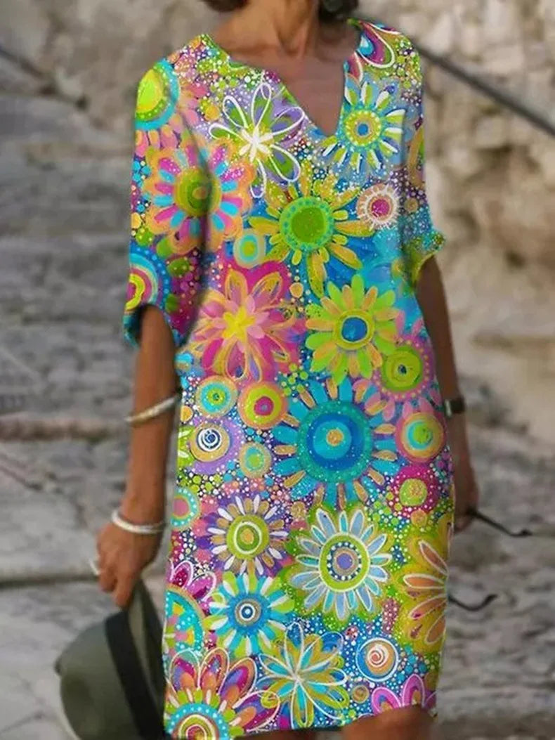 Robe élégante à col en V et imprimé floral stylisé