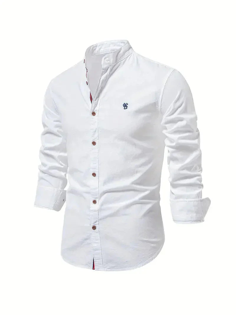 Chemise décontractée pour homme en coton mélangé - coupe slim et col mandarin avec manches longues