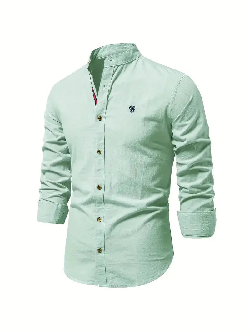 Chemise décontractée pour homme en coton mélangé - coupe slim et col mandarin avec manches longues