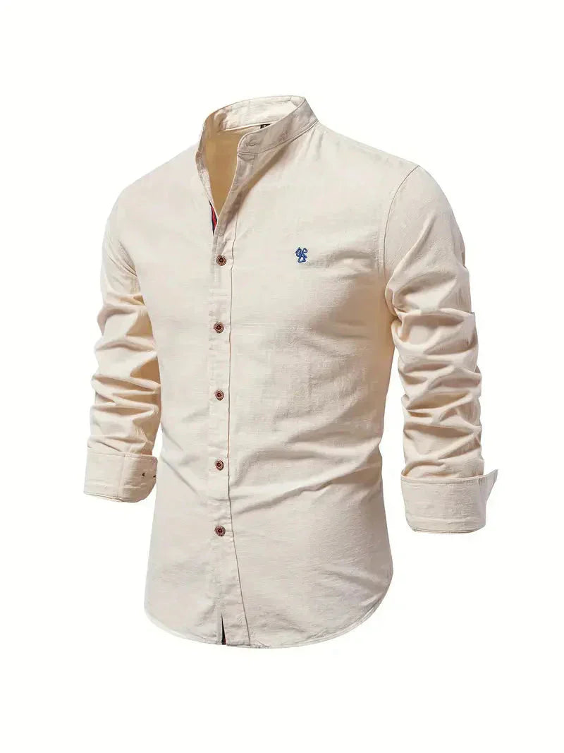 Chemise décontractée pour homme en coton mélangé - coupe slim et col mandarin avec manches longues