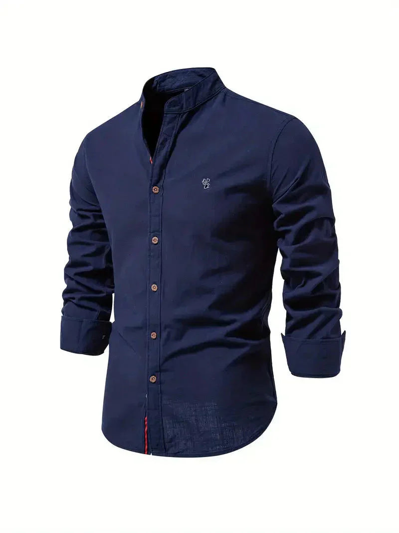 Chemise décontractée pour homme en coton mélangé - coupe slim et col mandarin avec manches longues