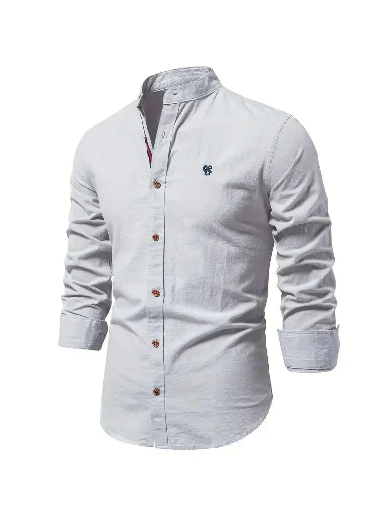 Chemise décontractée pour homme en coton mélangé - coupe slim et col mandarin avec manches longues