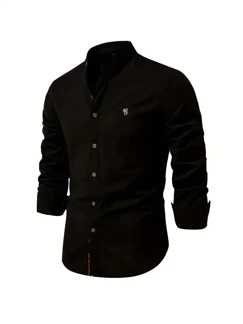 Chemise décontractée pour homme en coton mélangé - coupe slim et col mandarin avec manches longues
