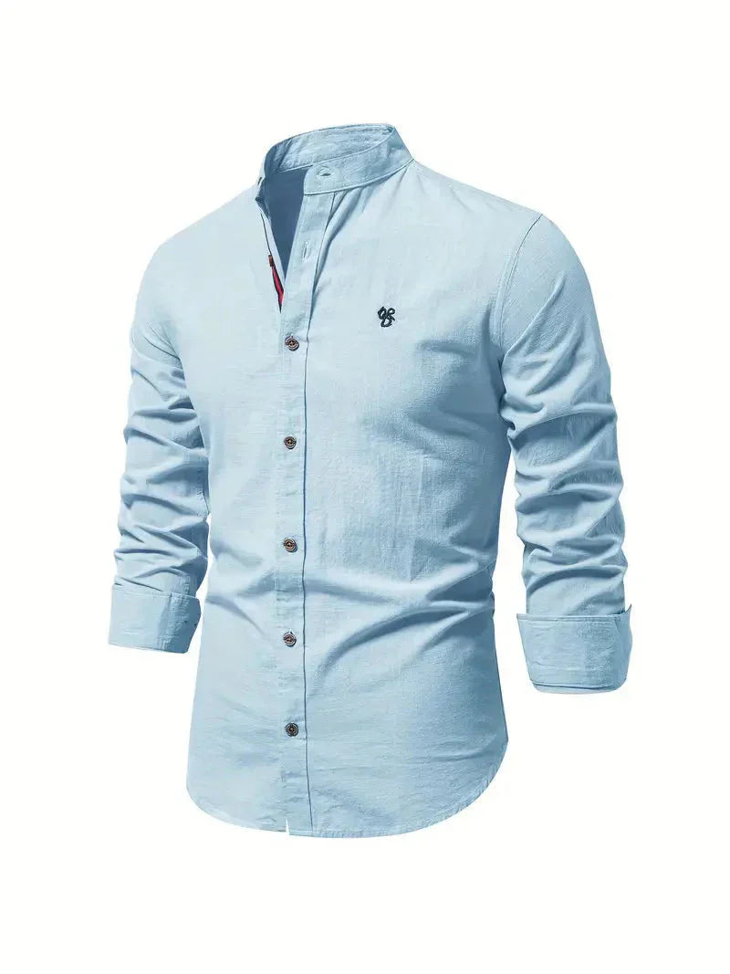 Chemise décontractée pour homme en coton mélangé - coupe slim et col mandarin avec manches longues