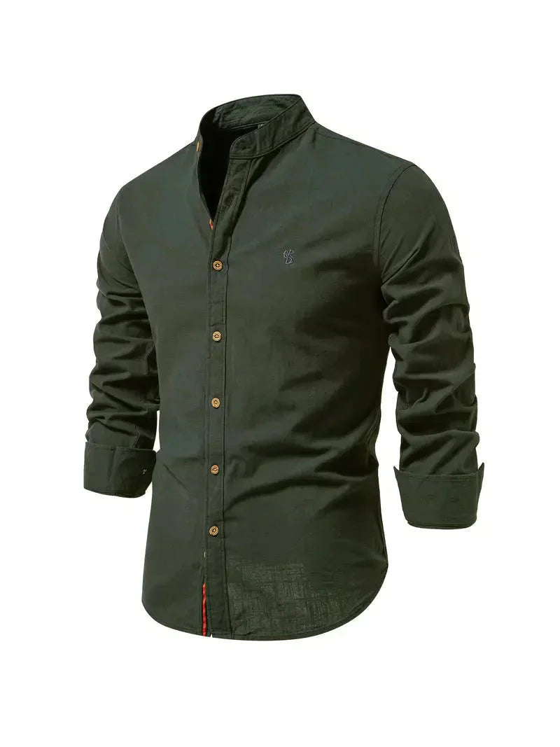 Chemise décontractée pour homme en coton mélangé - coupe slim et col mandarin avec manches longues