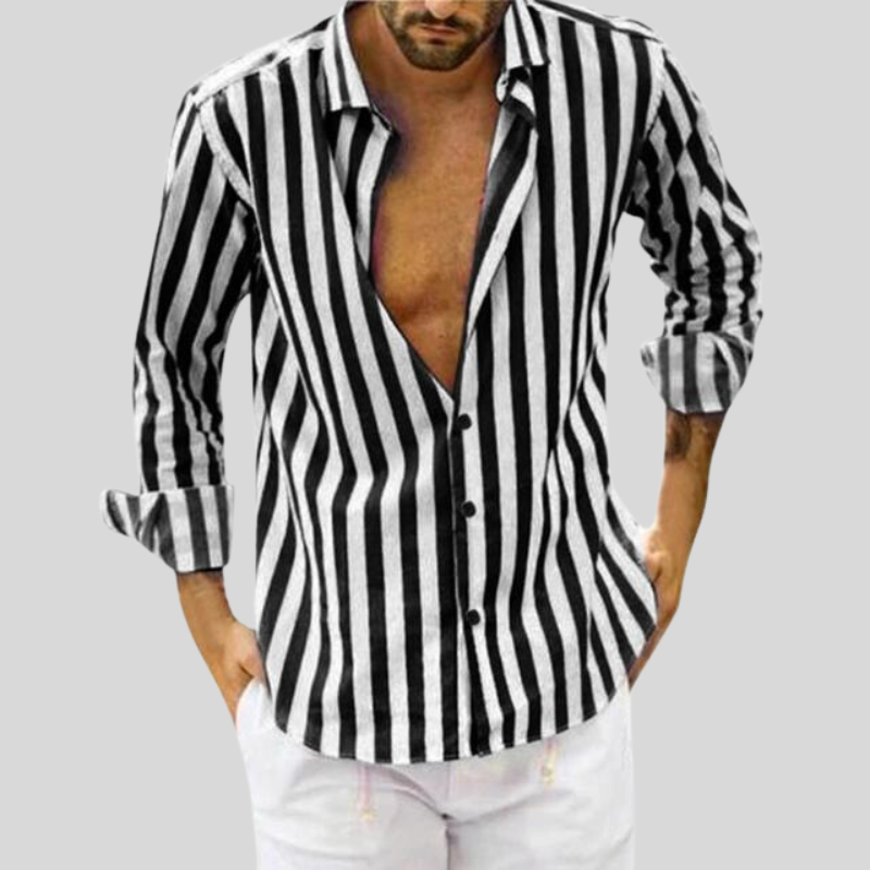 Koszula męska z długim rękawem, cienki slim fit w pionową pasy, z rozłożystym kołnierzykiem.