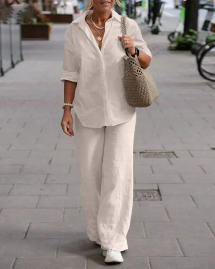 Vêtements féminins décontractés et élégants : ensemble chemise et pantalon en lin de luxe pour un look élégant et confortable